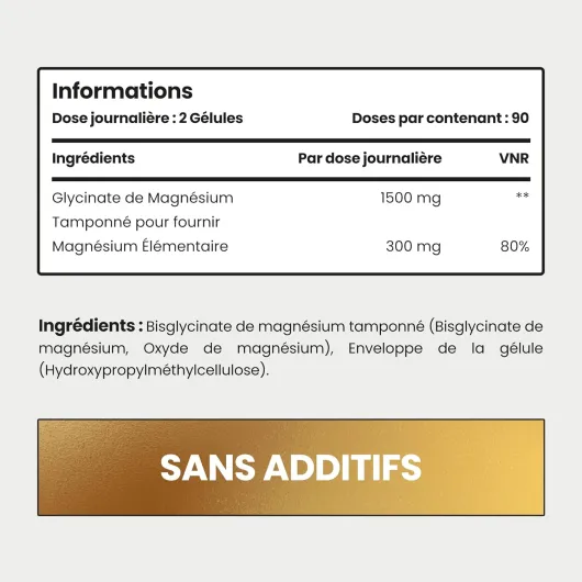Magnésium Bisglycinate Bio 1500mg – 300mg de magnésium élémentaire par portion – 180 gélules végétales pour 3 mois – Sans additifs - Bisglycinate de Magnesium (180 Gelules)