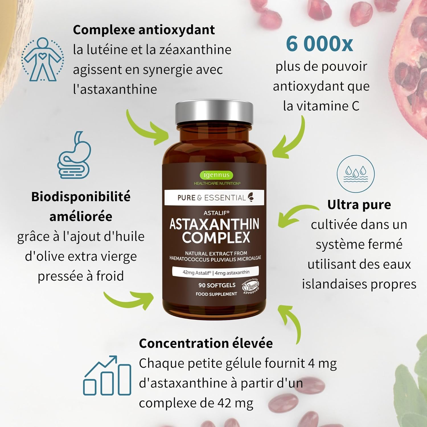 Astaxanthine Vegan, Complexe Antioxydant Naturel, 3 mois, 42mg provenant de algues ultra pures et durables, Lutéine et Zéaxanthine, 90 gélules – par Igennus