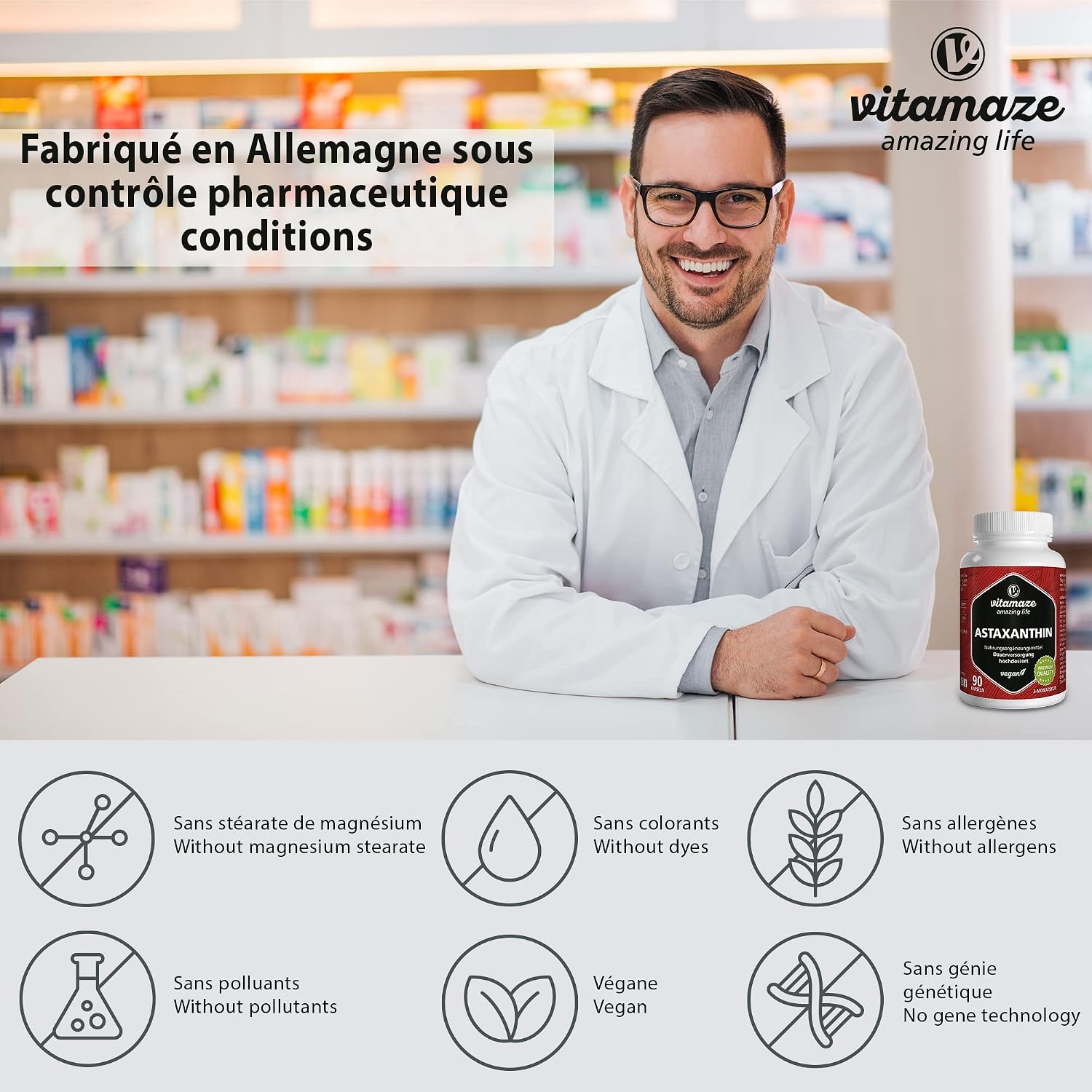 Astaxanthine avec Thiamine pour 3 Mois - 4mg Pure Astaxanthine a partir de Algues Haematococcus - Naturelle et Vegan en Poudre provenant D'Algues, 90 Capsules Astaxanthine +Thiamine