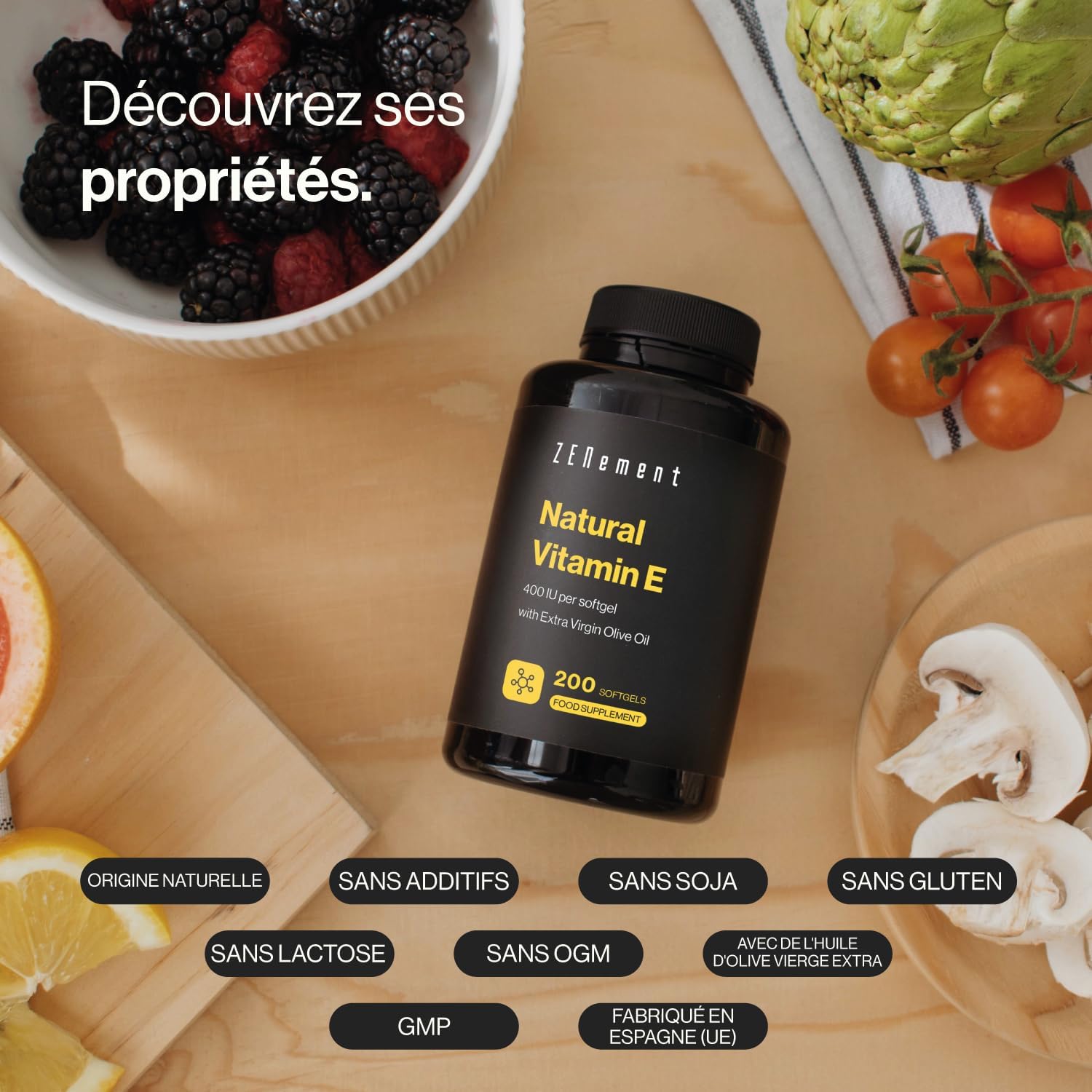 Vitamine E Naturelle 400 UI (D-Alpha-Tocophérol), 200 Capsules (plus de 6 mois de traitement), Avec de l'Huile d'Olive Vierge Extra - Antioxydant Puissant et Anti-âge - Zenement