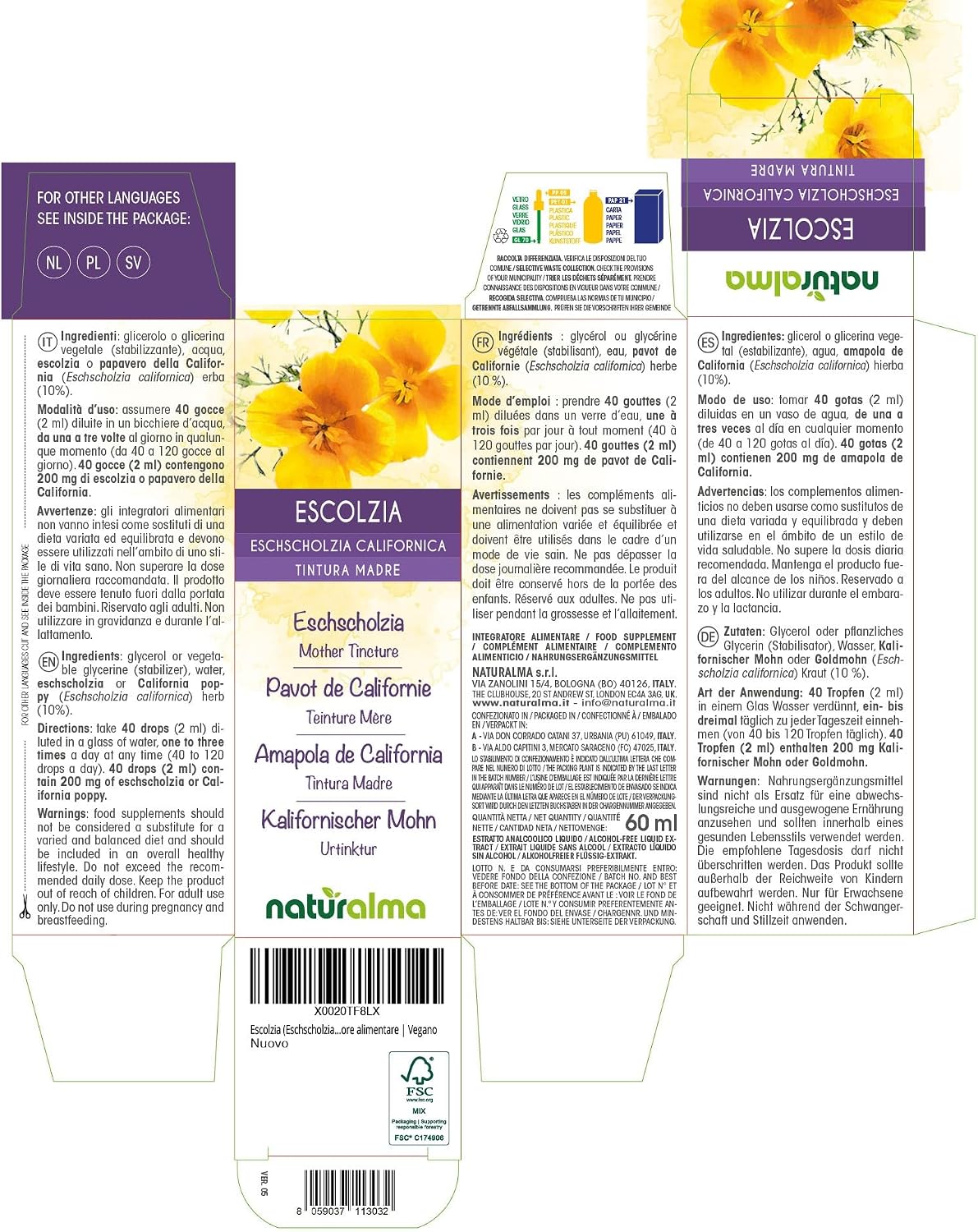 Pavot de Californie (Eschscholzia californica) herbe Teinture Mère sans alcool Naturalma - Extrait liquide gouttes 60 ml - Complément alimentaire - Végétalien ou végan Sans alcool 60 ml (Lot de 1)