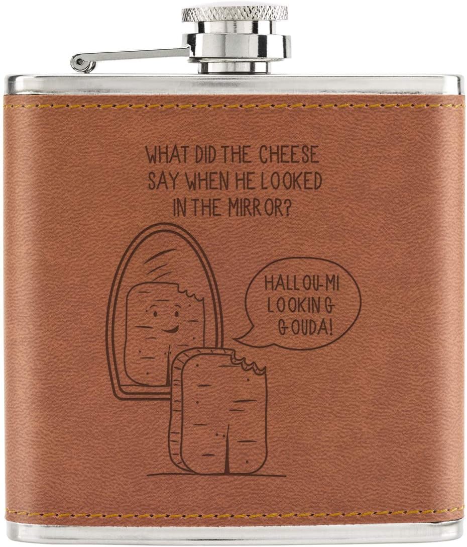 Halloumi Looking Gouda Fromage Blague 6oz Cuir PU Hip Flasque Fauve