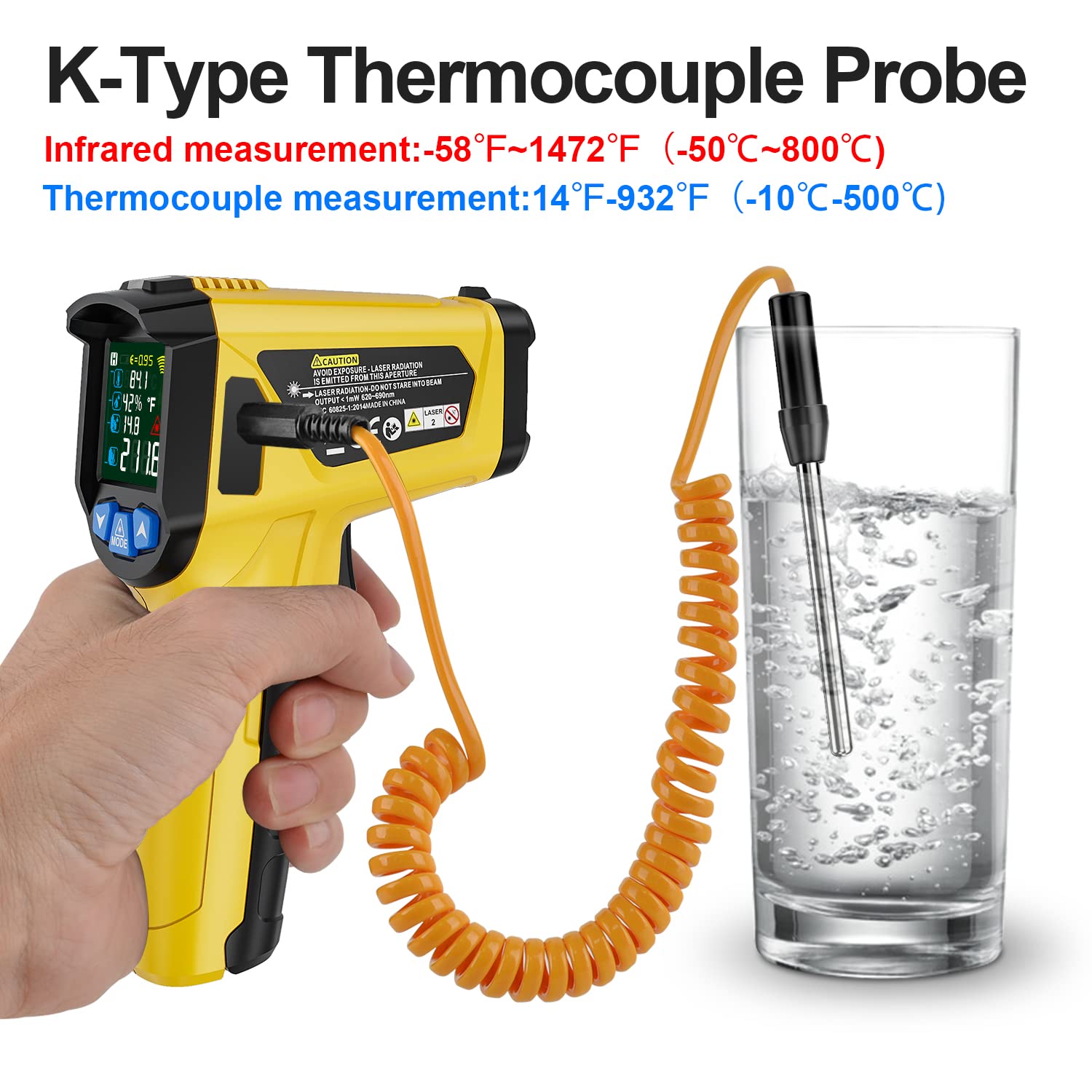 Thermomètres à Infrarouges MESTEK Laser Numérique Thermometre Infrarouge et Sonde Pistolet Température IR Sans Contact -50°C to 800°C Ecran LCD Alarme et Émissivité Réglable pour Cuisine Industrial